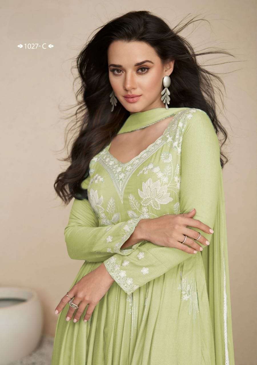 LAKHNAVI VOL 5 LIGHT COLOR HEAVY REYON LAKHNAQI WORK NAYRA CUT KURTI WITH PLAZZO AND NAZMIN DUPATTA BT VAMIKA BRAND 1003 C